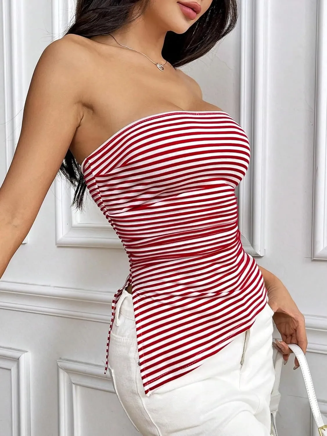 Cioatin Women Y2K Strapless Striped Asymmetric Bandeau Tube Top Sleeveless Slim Fit Slit Summer Going Out Crop Tank Aesthetic