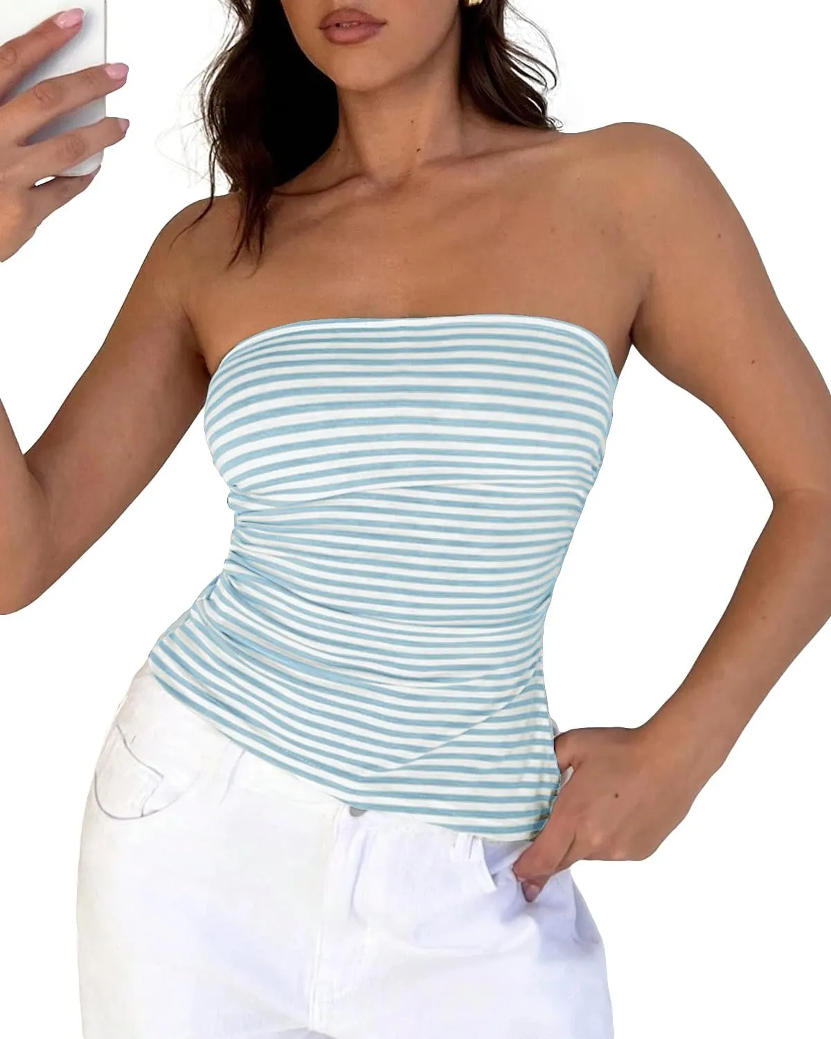 Cioatin Women Y2K Strapless Striped Asymmetric Bandeau Tube Top Sleeveless Slim Fit Slit Summer Going Out Crop Tank Aesthetic