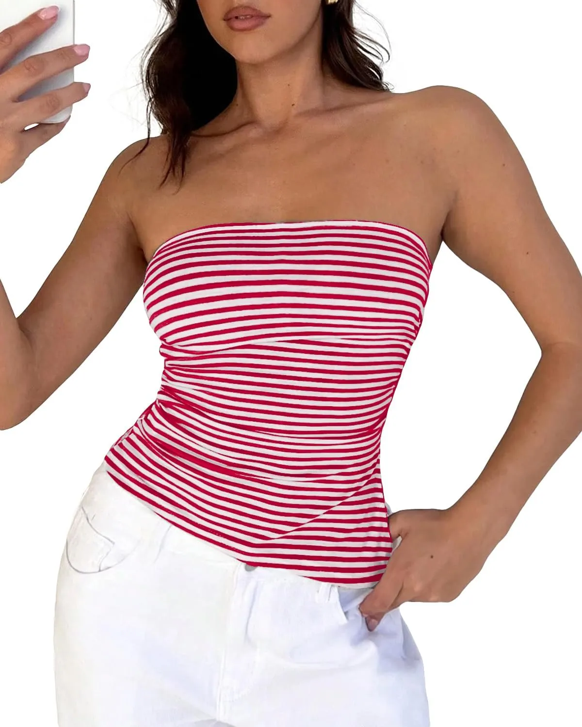 Cioatin Women Y2K Strapless Striped Asymmetric Bandeau Tube Top Sleeveless Slim Fit Slit Summer Going Out Crop Tank Aesthetic