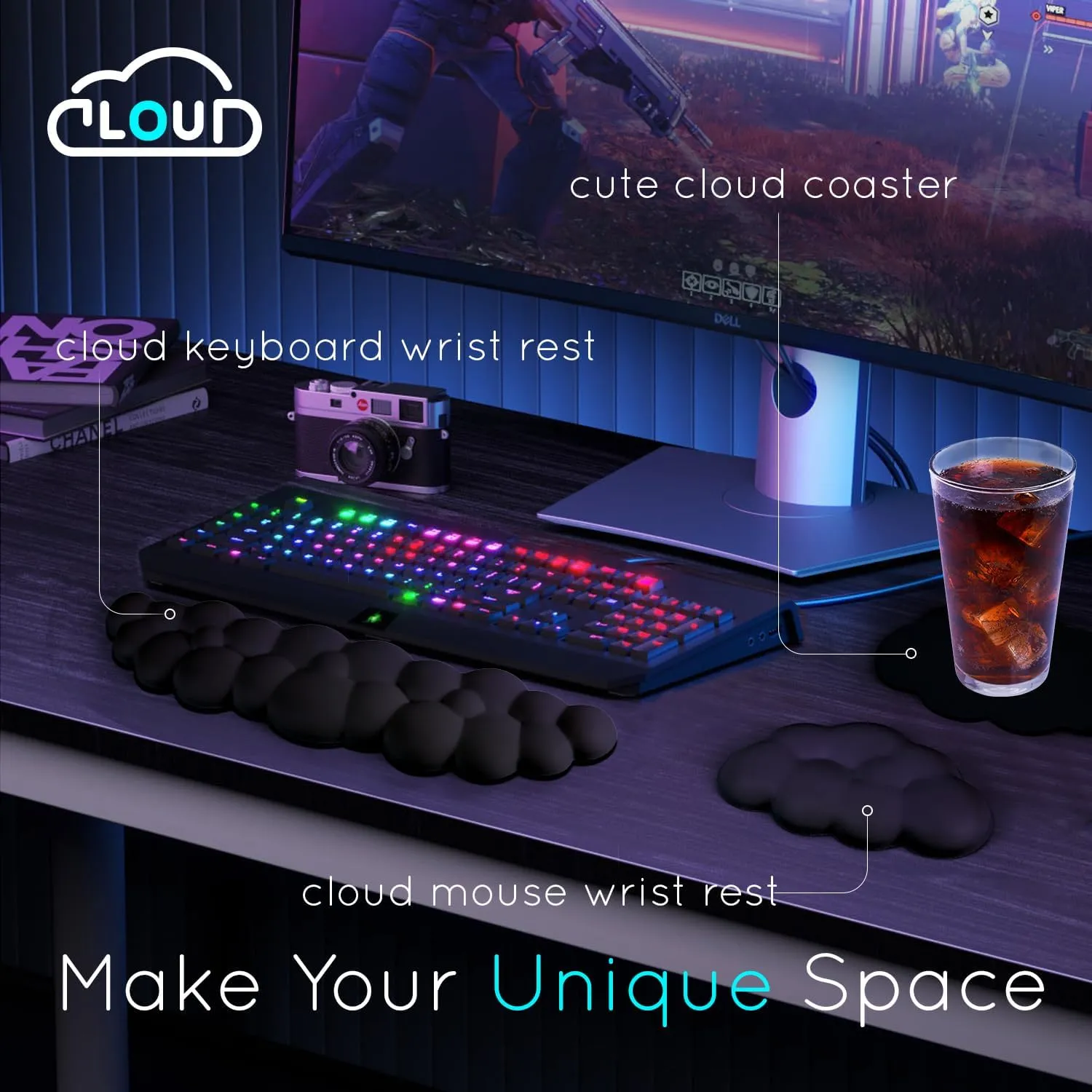 Cloud Wrist Rest for Computer Keyboard Arm Wrist Rest with Non-Slip Base Extended Wrist Rest Ergonomic Memory Foam for Keyboard and Mouse Typing Pain Relief, Office, Gaming, Computer