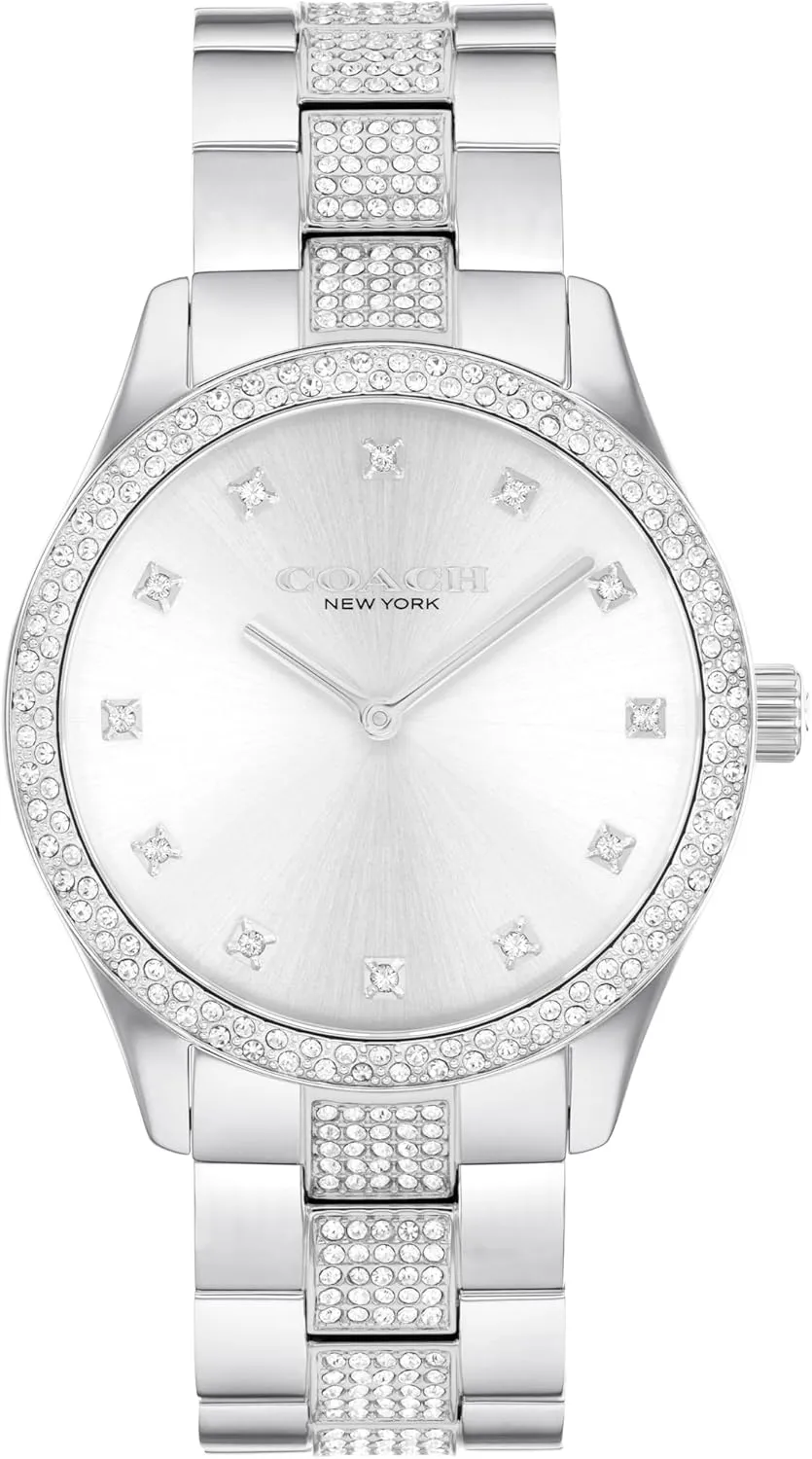 Coach Brooks Men's and Women's 2H Quartz Watch - Crystals on Bezel, Dial, and Center Links on Steel Bracelet - Water Resistant up to 3ATM - Gift for Him or Her - Perfect for Day and Evening - 38mm
