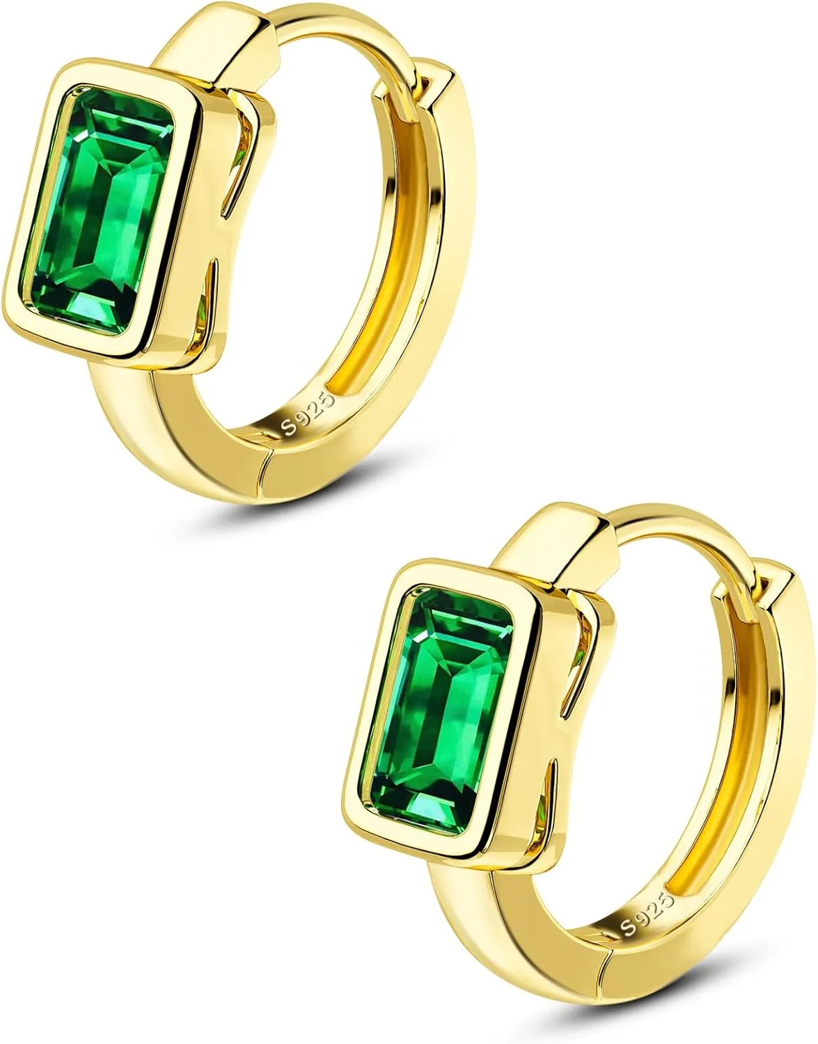 COCHARM 14K Gold Plated 925 Sterling Silver Huggie Hoop Earrings 20g Green Cubic Zirconia Cartilage Hoop Earrings for Women