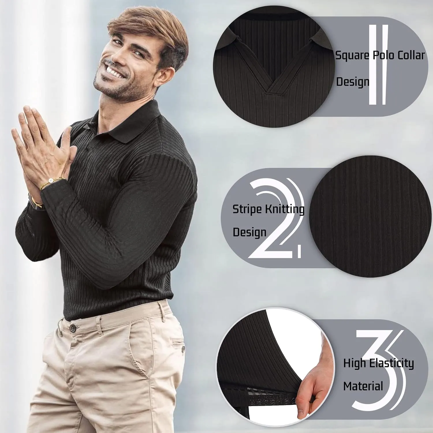 Collared Muscle Shirts for Men Ribbed Knit Slim Fit Polo Shirts Short Sleeve, Mens V Neck T Shirts Casual Stylish