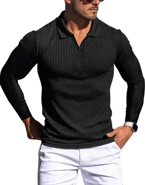 Collared Muscle Shirts for Men Ribbed Knit Slim Fit Polo Shirts Short Sleeve, Mens V Neck T Shirts Casual Stylish