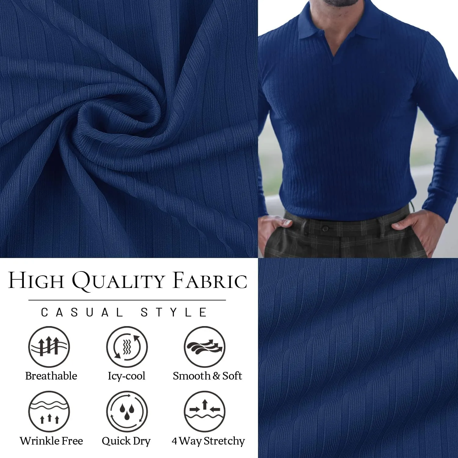 Collared Muscle Shirts for Men Ribbed Knit Slim Fit Polo Shirts Short Sleeve, Mens V Neck T Shirts Casual Stylish