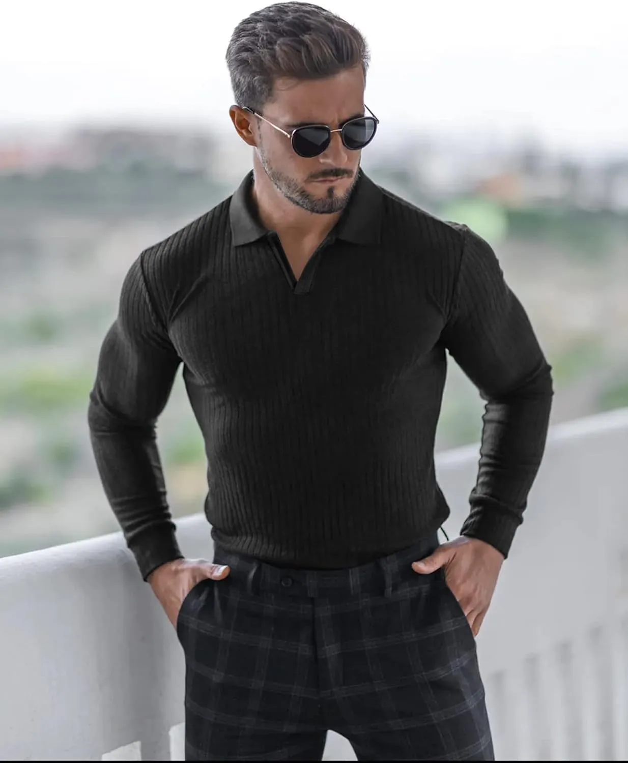 Collared Muscle Shirts for Men Ribbed Knit Slim Fit Polo Shirts Short Sleeve, Mens V Neck T Shirts Casual Stylish