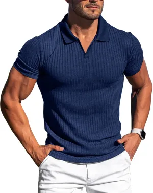 Collared Muscle Shirts for Men Ribbed Knit Slim Fit Polo Shirts Short Sleeve, Mens V Neck T Shirts Casual Stylish