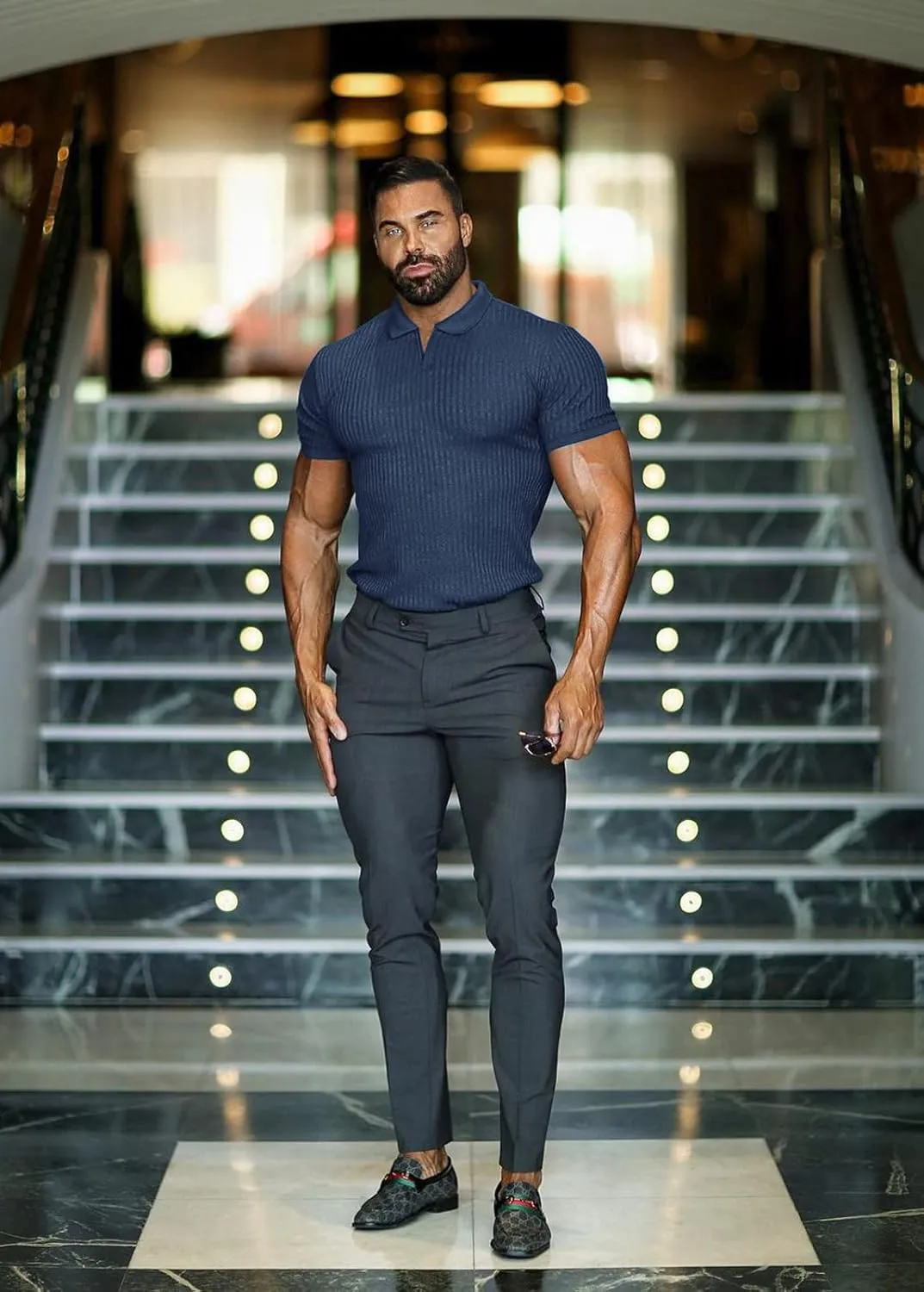 Collared Muscle Shirts for Men Ribbed Knit Slim Fit Polo Shirts Short Sleeve, Mens V Neck T Shirts Casual Stylish