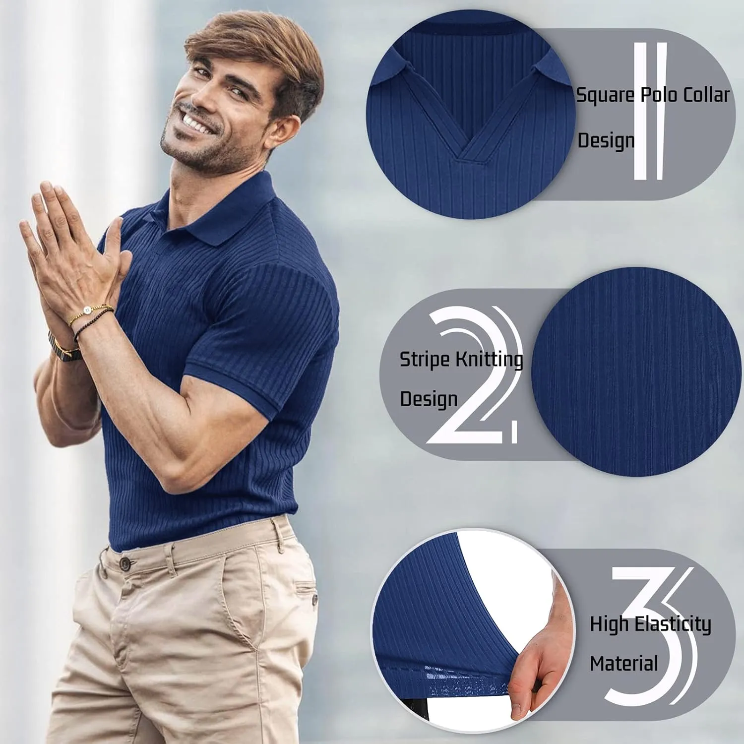 Collared Muscle Shirts for Men Ribbed Knit Slim Fit Polo Shirts Short Sleeve, Mens V Neck T Shirts Casual Stylish