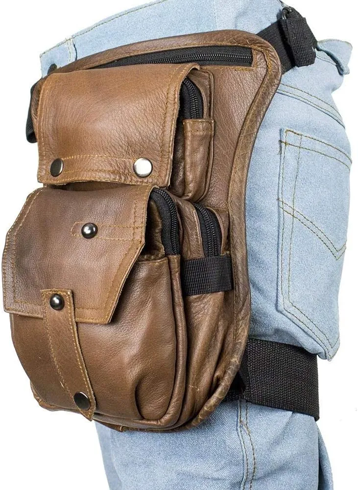 Conceal Carry Thigh Leather Waist Belt Bag Retro Brown Color Utility Pockets