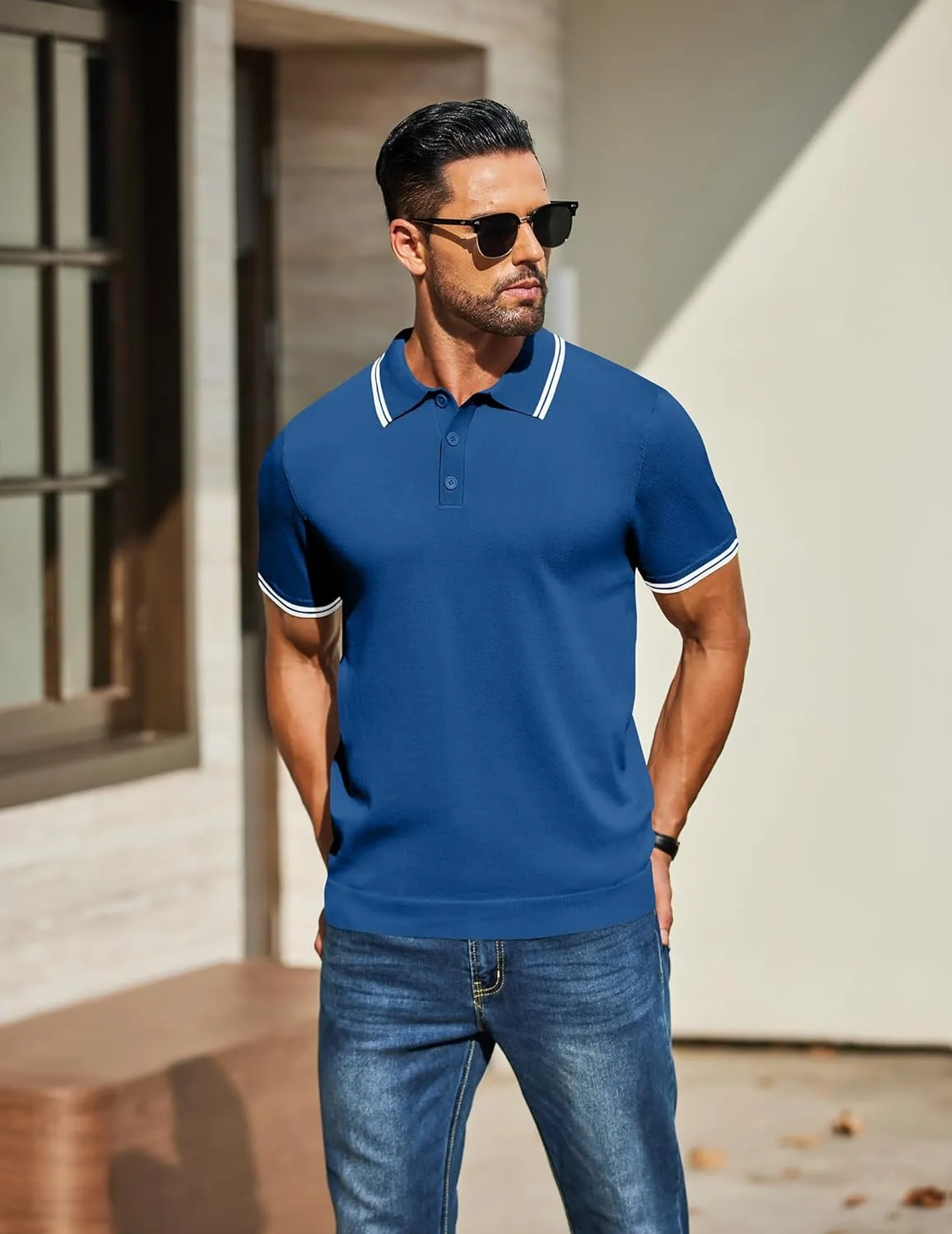 COOFANDY Men's Knit Polo Shirts Casual Short Sleeve Button Down Golf Polo Shirts Vintage Collared T Shirt