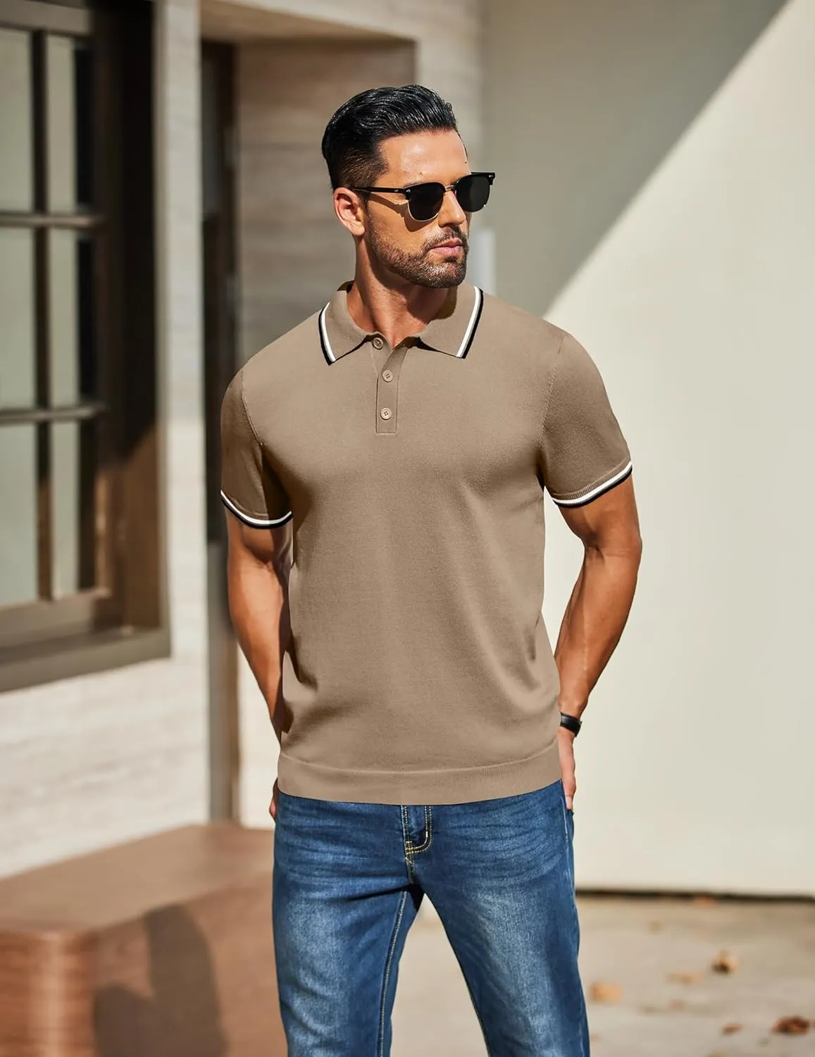 COOFANDY Men's Knit Polo Shirts Casual Short Sleeve Button Down Golf Polo Shirts Vintage Collared T Shirt