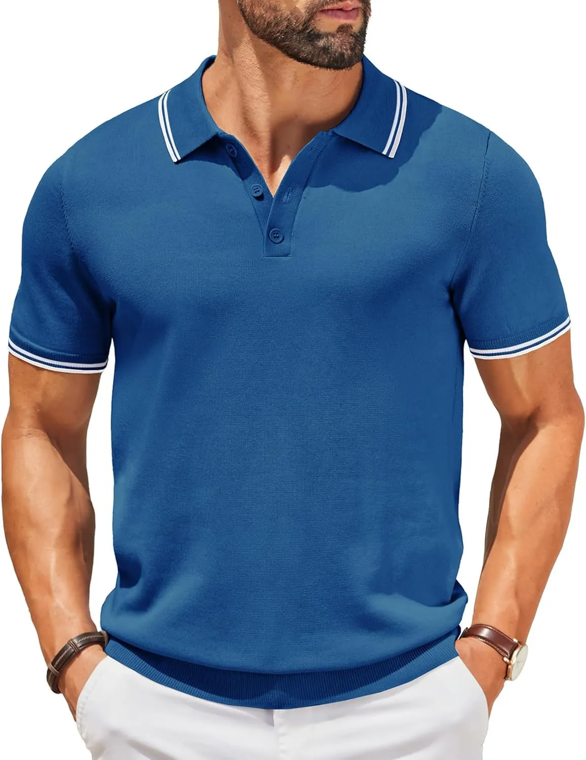 COOFANDY Men's Knit Polo Shirts Casual Short Sleeve Button Down Golf Polo Shirts Vintage Collared T Shirt