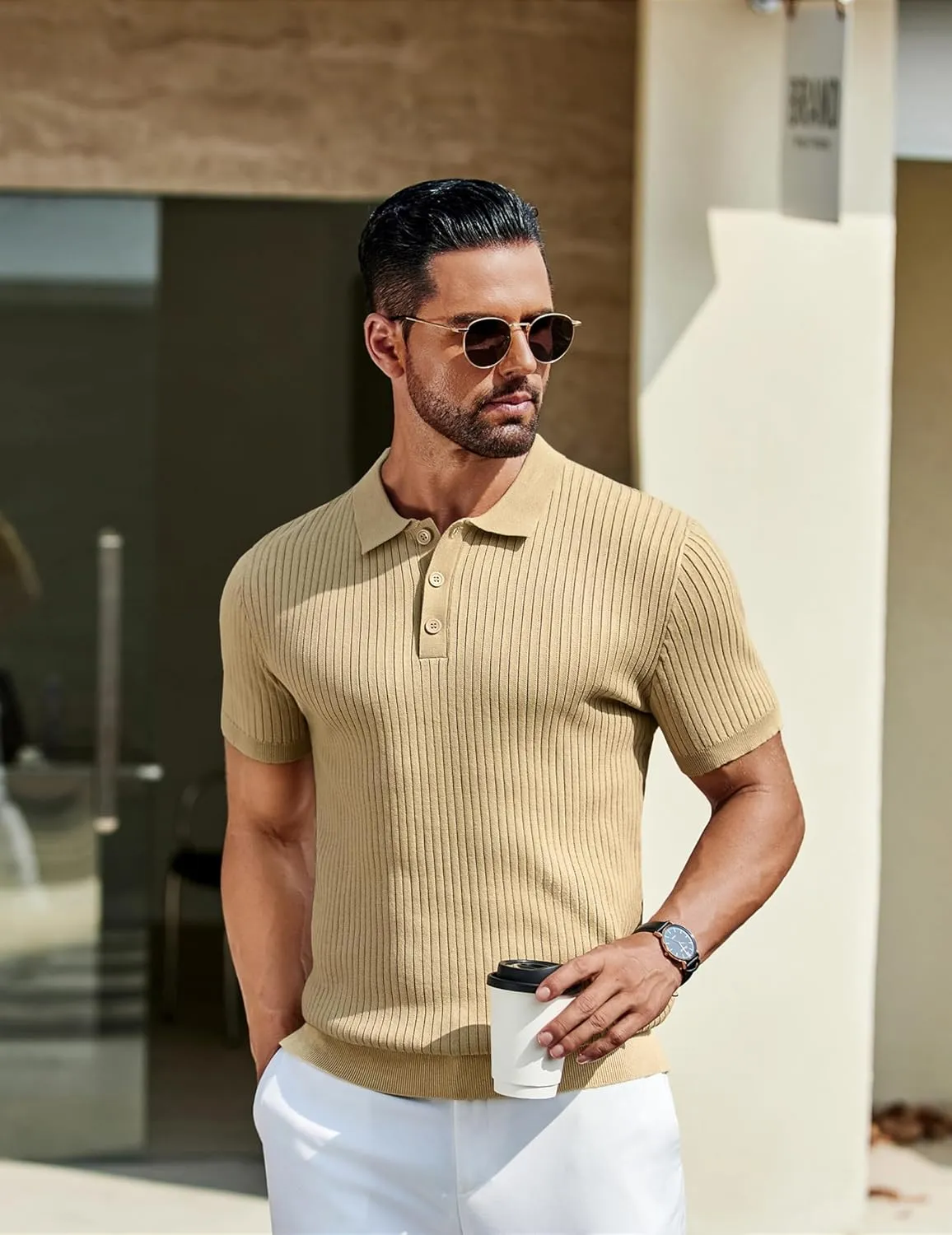COOFANDY Mens Knit Polo Shirts Short Sleeve Golf Shirts Button Down Casual Polo T Shirts Textured Slim Fit Pullover