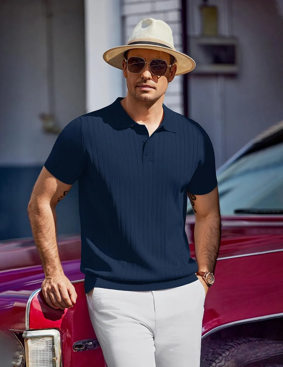 COOFANDY Men's Knit Polo Shirts Short Sleeve Ribbed Knitted Shirt Summer Lightweight Casual Golf Shirts