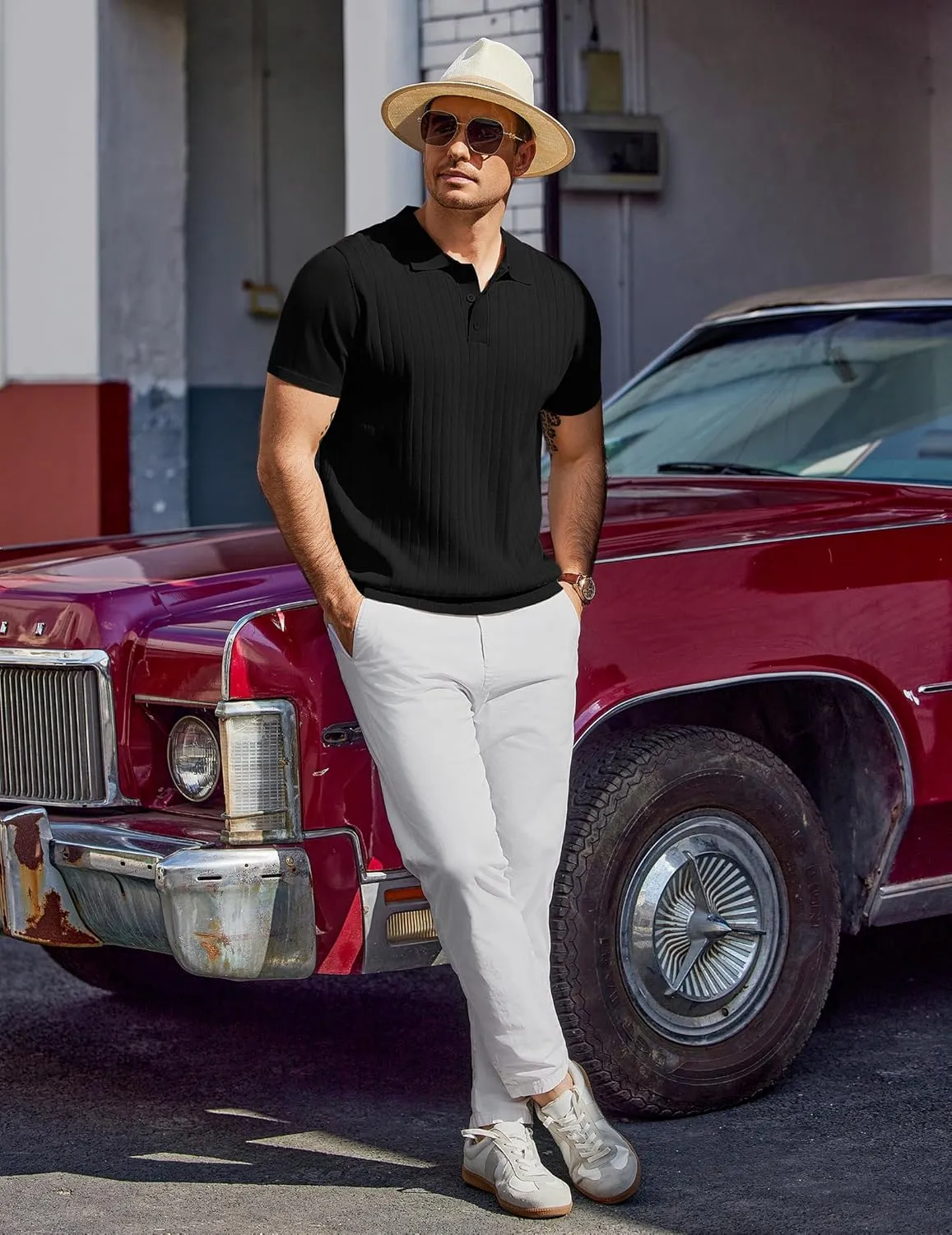 COOFANDY Men's Knit Polo Shirts Short Sleeve Ribbed Knitted Shirt Summer Lightweight Casual Golf Shirts