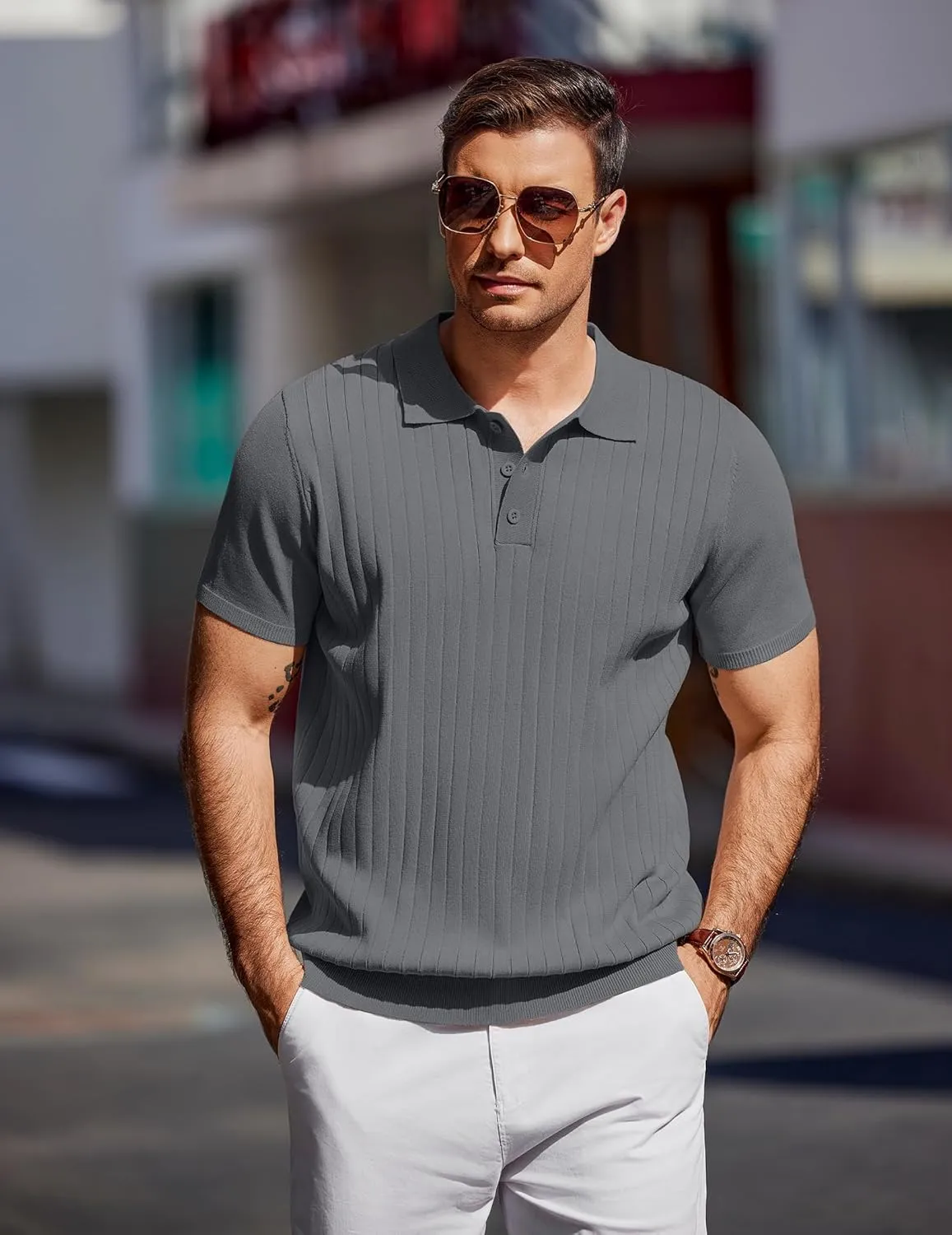 COOFANDY Men's Knit Polo Shirts Short Sleeve Ribbed Knitted Shirt Summer Lightweight Casual Golf Shirts
