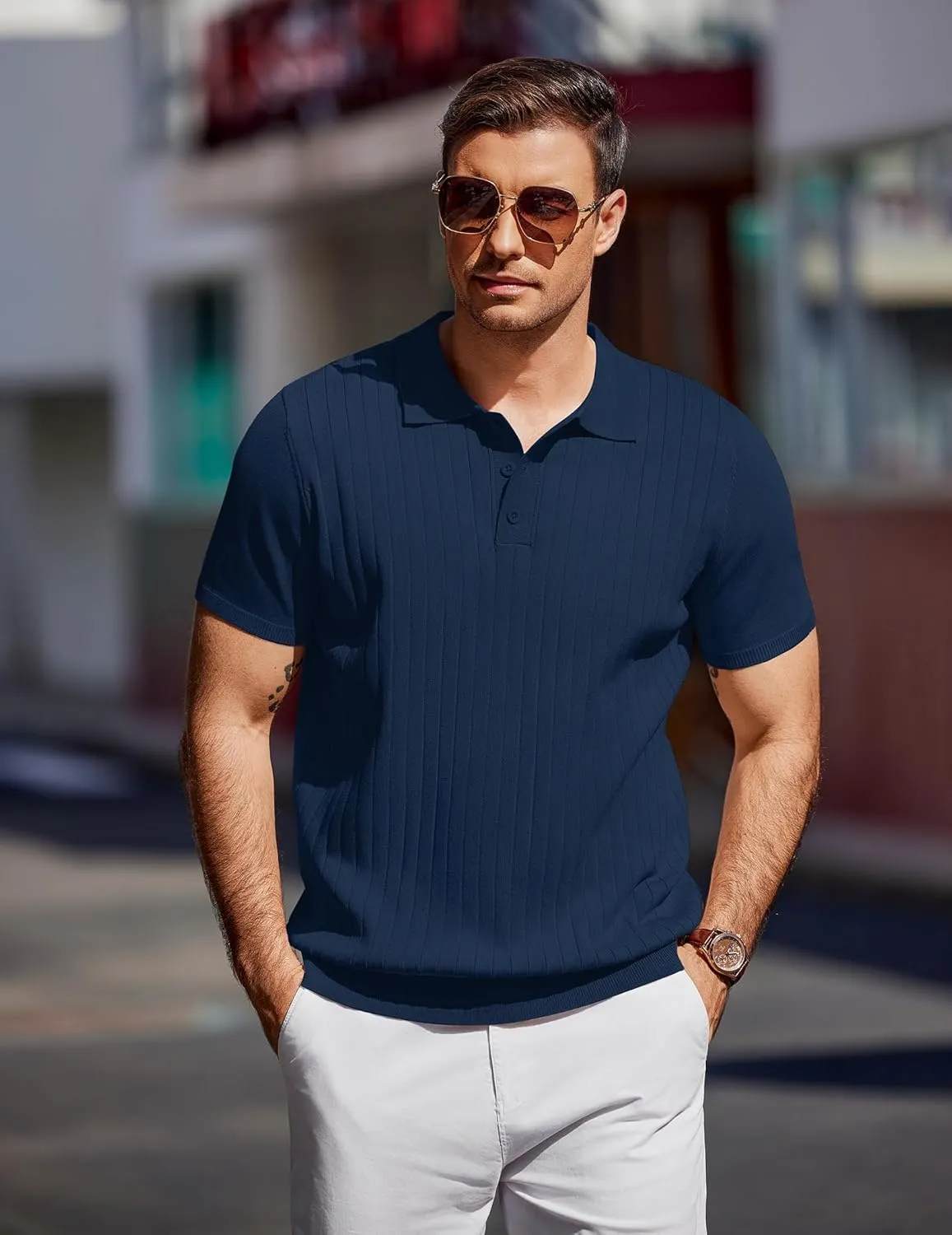 COOFANDY Men's Knit Polo Shirts Short Sleeve Ribbed Knitted Shirt Summer Lightweight Casual Golf Shirts