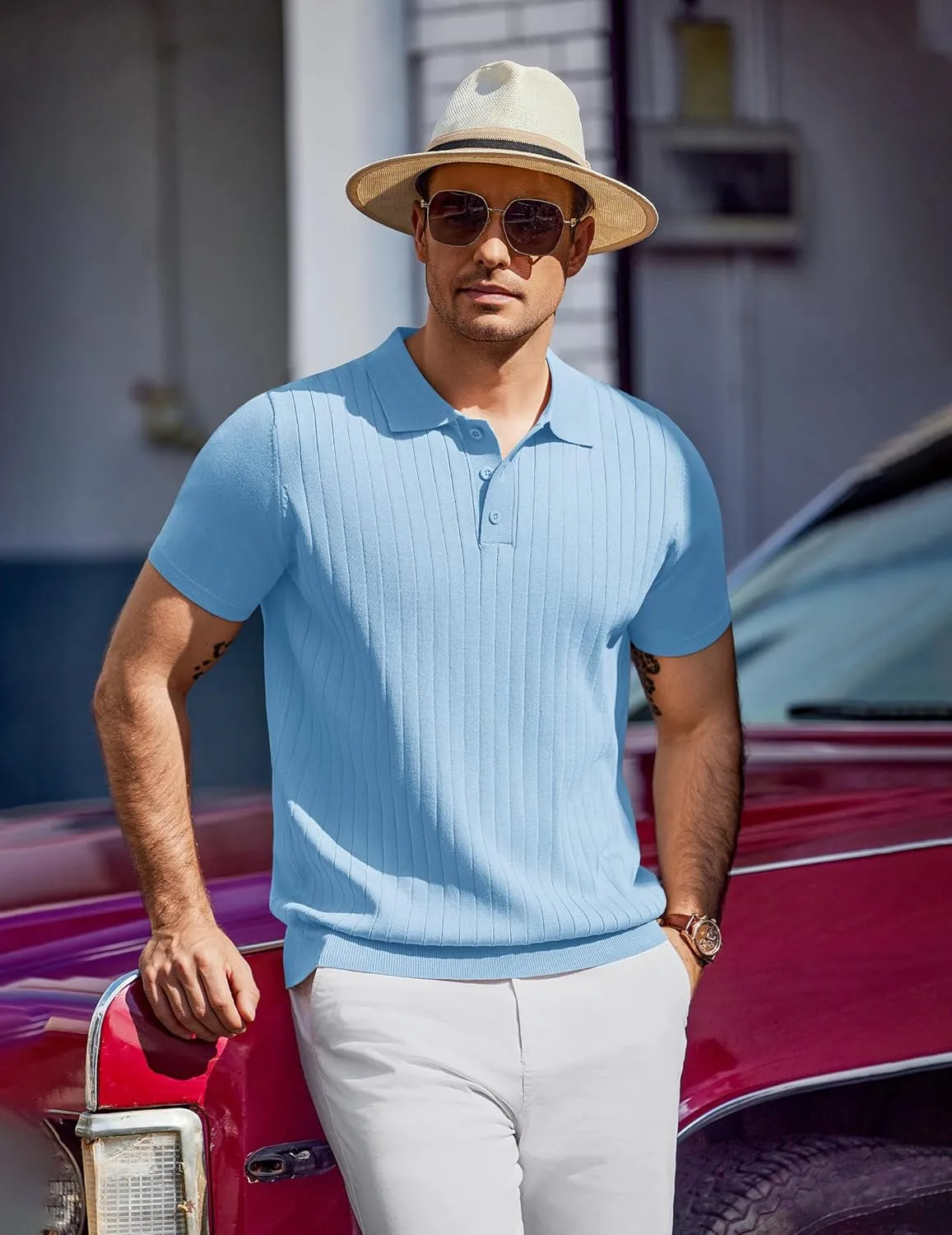 COOFANDY Men's Knit Polo Shirts Short Sleeve Ribbed Knitted Shirt Summer Lightweight Casual Golf Shirts