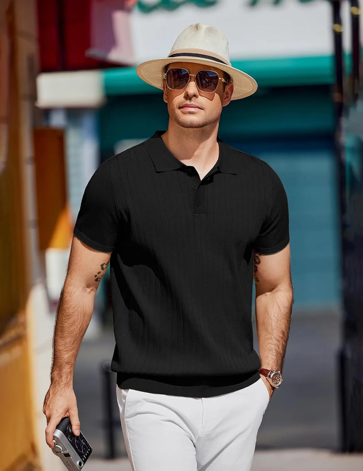 COOFANDY Men's Knit Polo Shirts Short Sleeve Ribbed Knitted Shirt Summer Lightweight Casual Golf Shirts