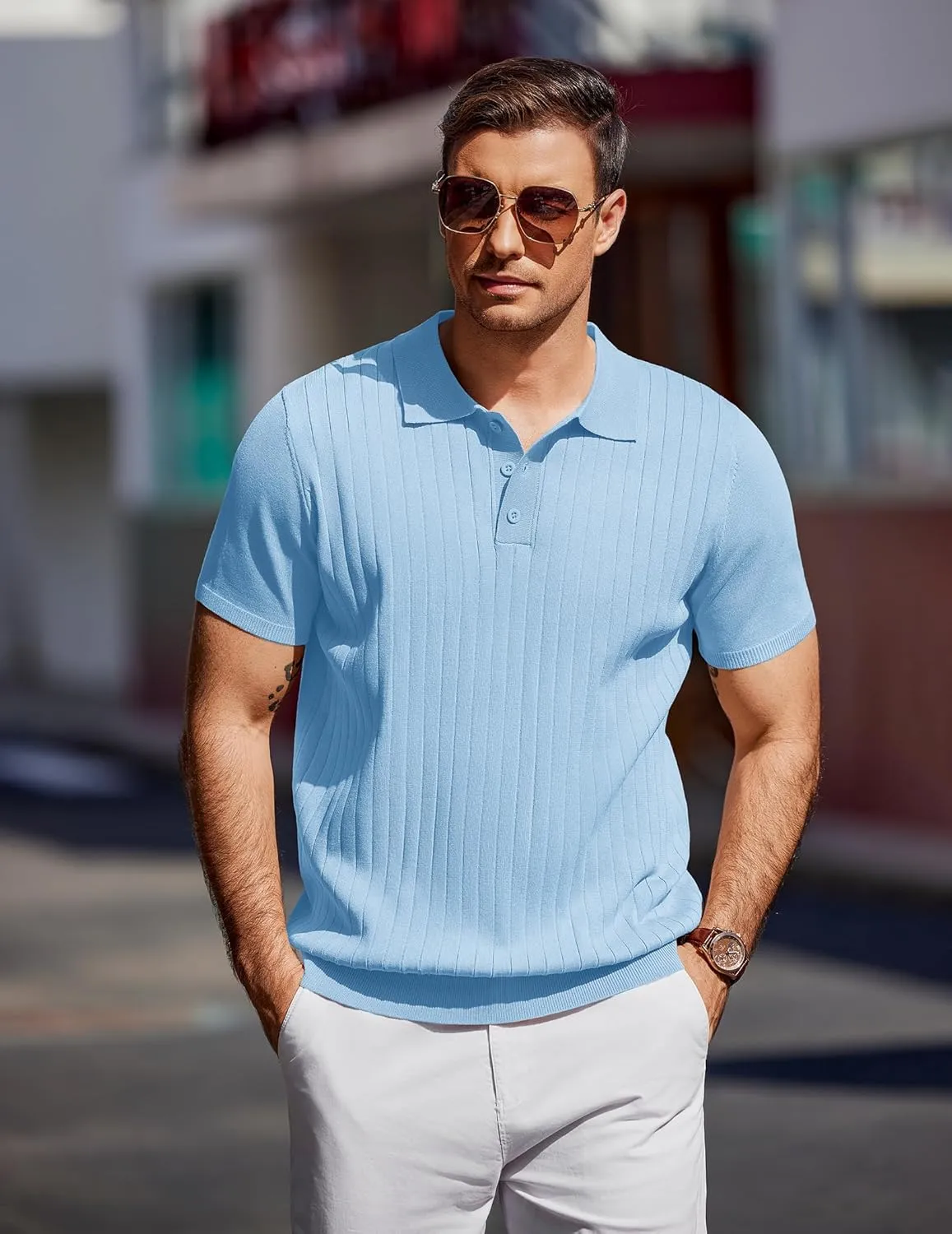 COOFANDY Men's Knit Polo Shirts Short Sleeve Ribbed Knitted Shirt Summer Lightweight Casual Golf Shirts