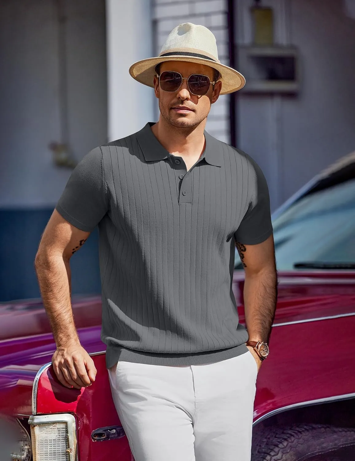 COOFANDY Men's Knit Polo Shirts Short Sleeve Ribbed Knitted Shirt Summer Lightweight Casual Golf Shirts
