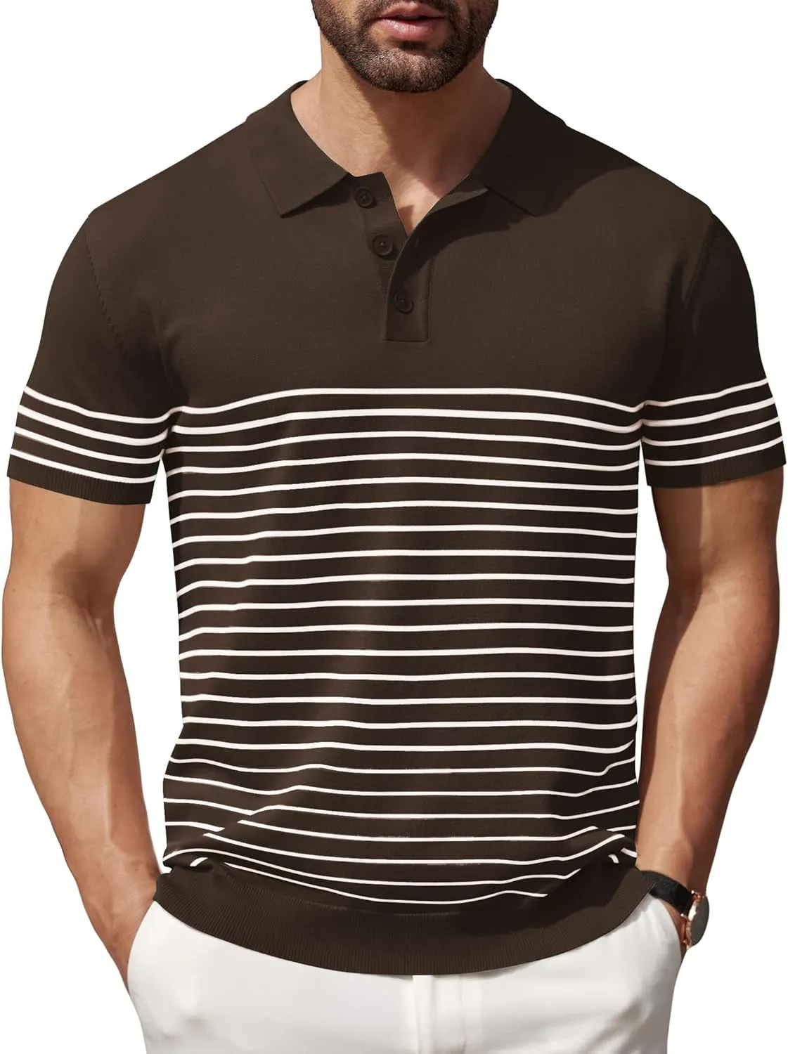 COOFANDY Men's Knit Polo Shirts Short Sleeve Striped Golf Polo Shirts Lightweight Casual Collared T Shirt