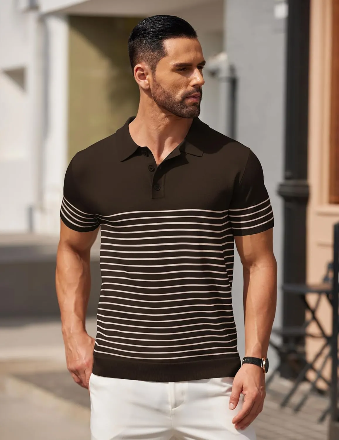 COOFANDY Men's Knit Polo Shirts Short Sleeve Striped Golf Polo Shirts Lightweight Casual Collared T Shirt