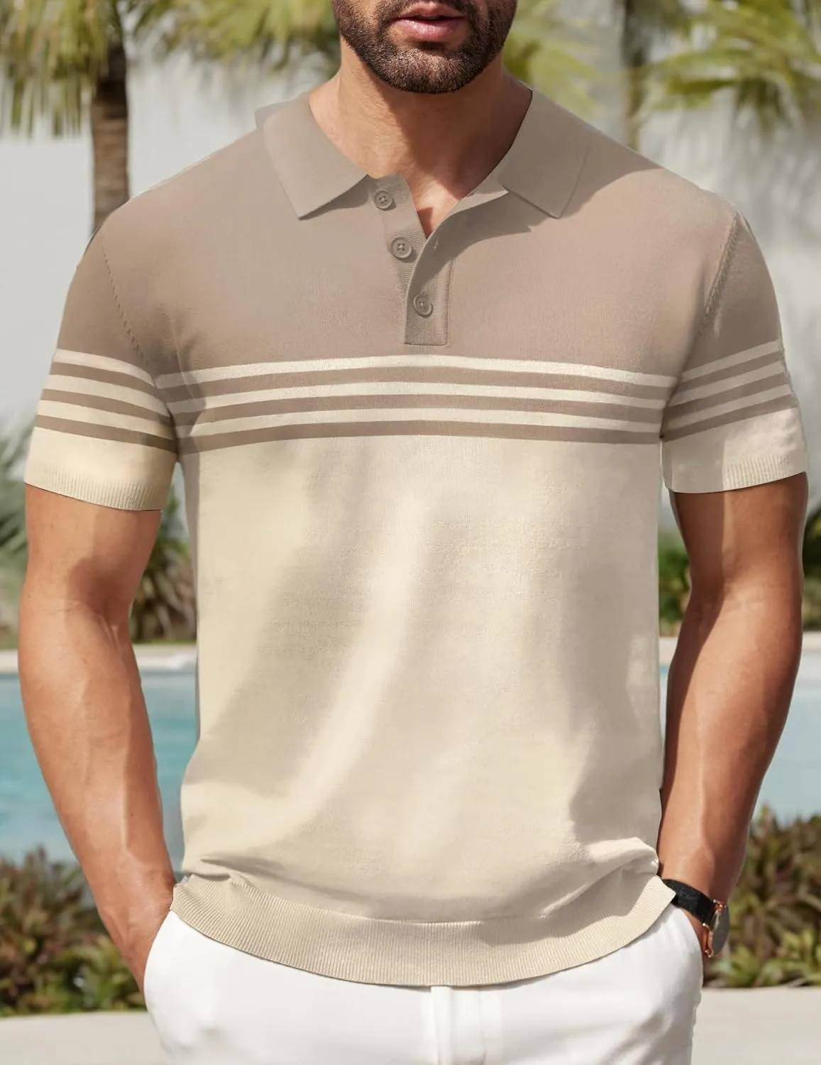 COOFANDY Men's Knit Polo Shirts Short Sleeve Striped Golf Polo Shirts Lightweight Casual Collared T Shirt