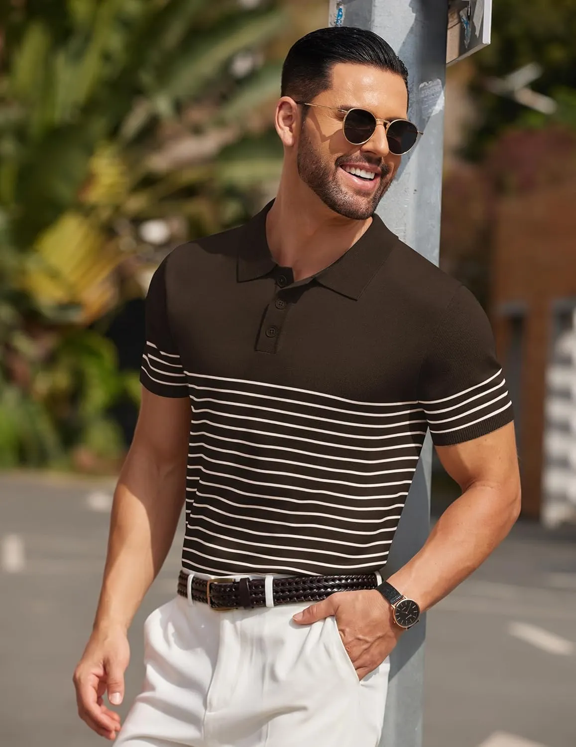 COOFANDY Men's Knit Polo Shirts Short Sleeve Striped Golf Polo Shirts Lightweight Casual Collared T Shirt