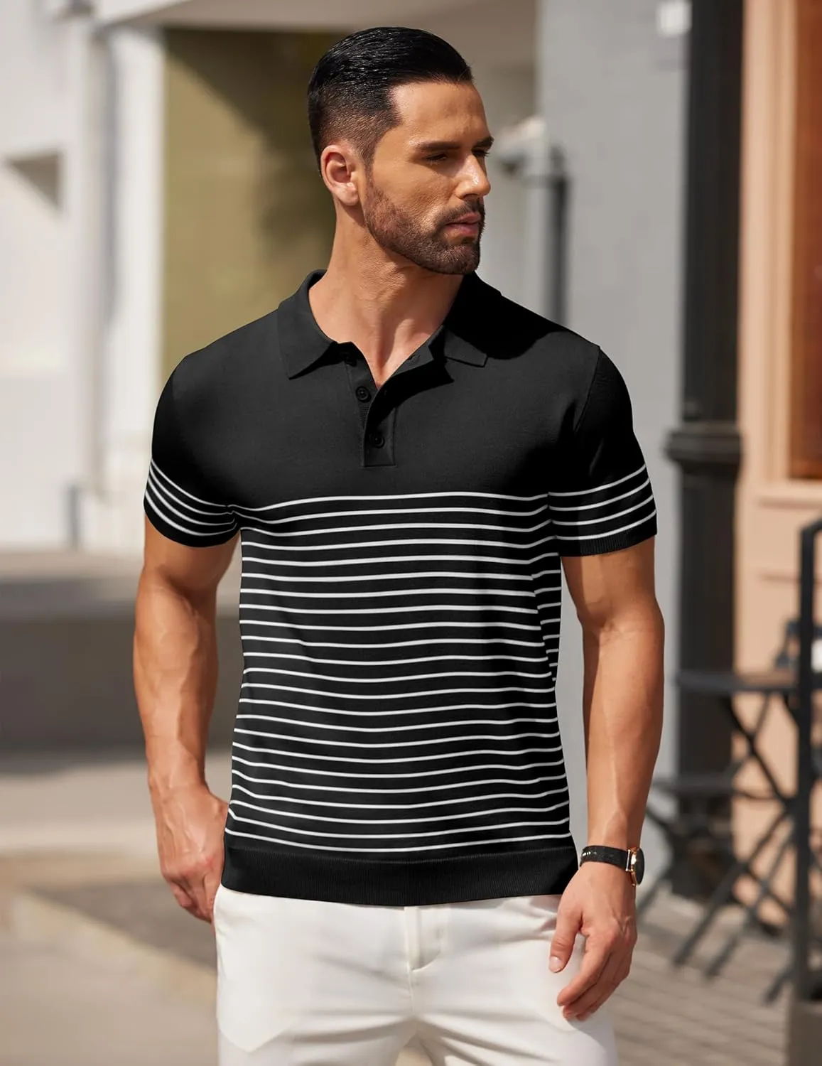 COOFANDY Men's Knit Polo Shirts Short Sleeve Striped Golf Polo Shirts Lightweight Casual Collared T Shirt