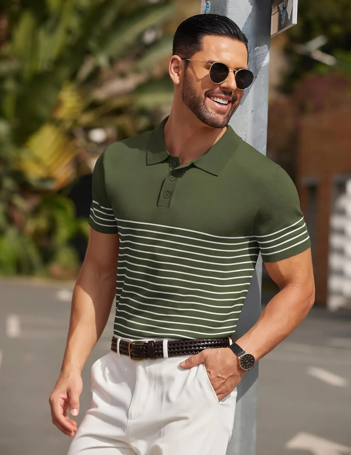 COOFANDY Men's Knit Polo Shirts Short Sleeve Striped Golf Polo Shirts Lightweight Casual Collared T Shirt