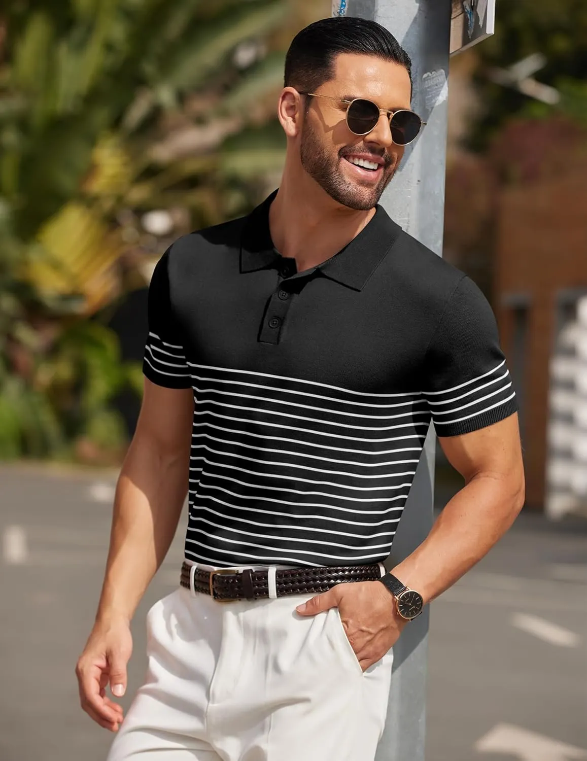 COOFANDY Men's Knit Polo Shirts Short Sleeve Striped Golf Polo Shirts Lightweight Casual Collared T Shirt