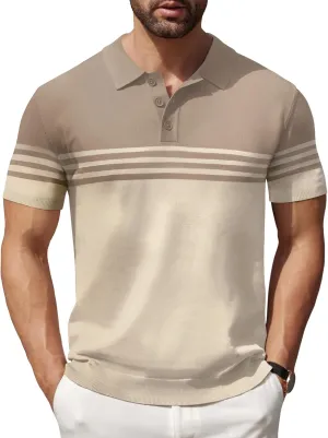 COOFANDY Men's Knit Polo Shirts Short Sleeve Striped Golf Polo Shirts Lightweight Casual Collared T Shirt
