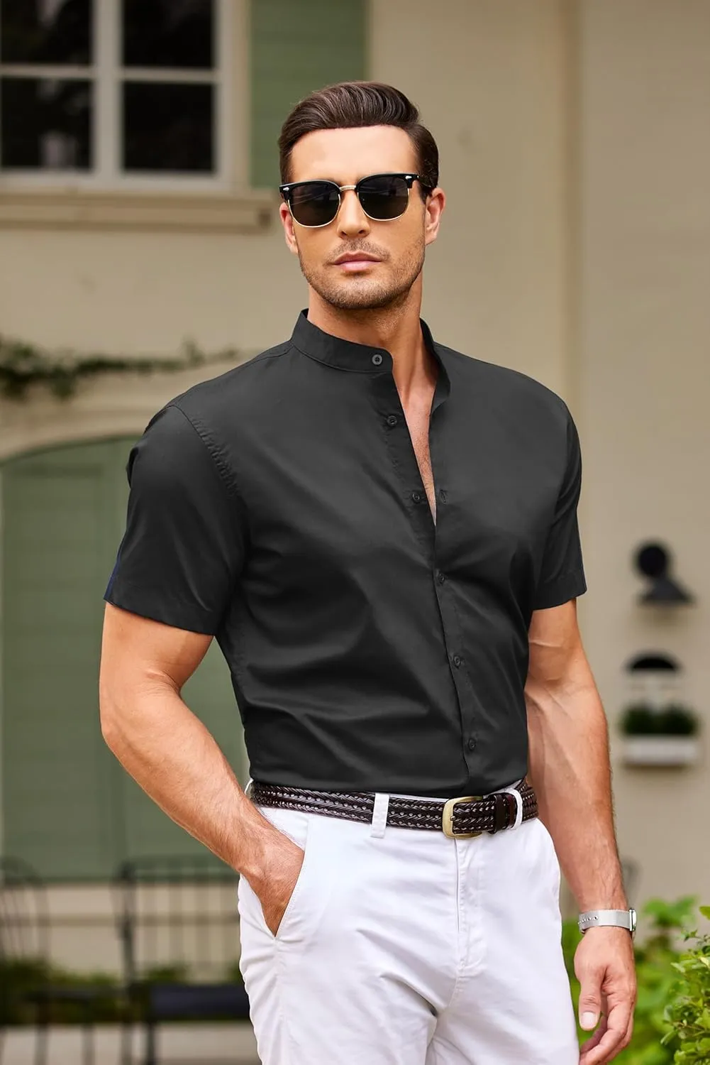COOFANDY Muscle Fit Dress Shirts for Men Banded Collar Casual Button Down Shirts