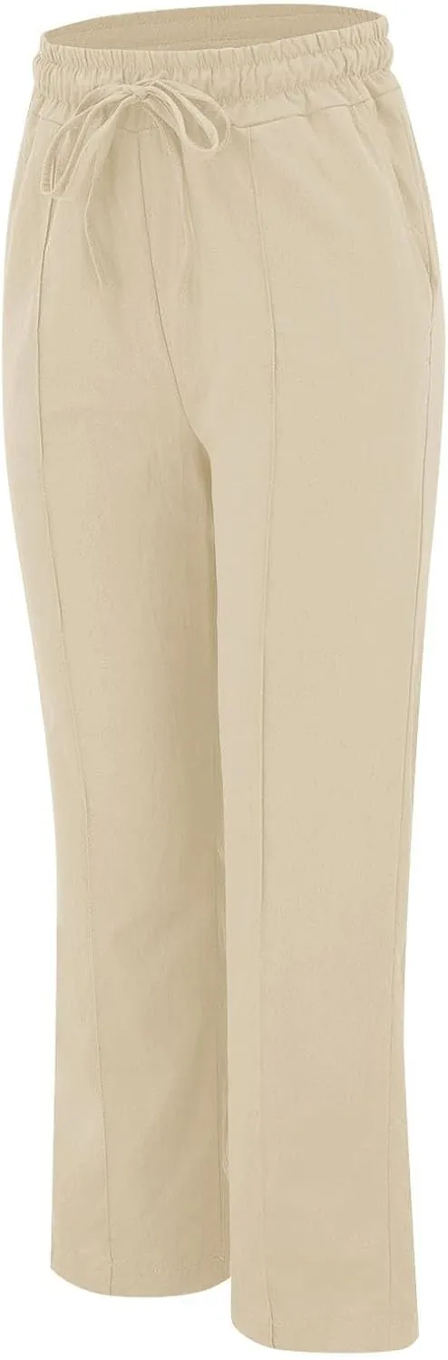 Cotton Linen Pants for Women Drawstring High Waisted Pants Straight Leg Summer Pants Fashion Lounge Pants