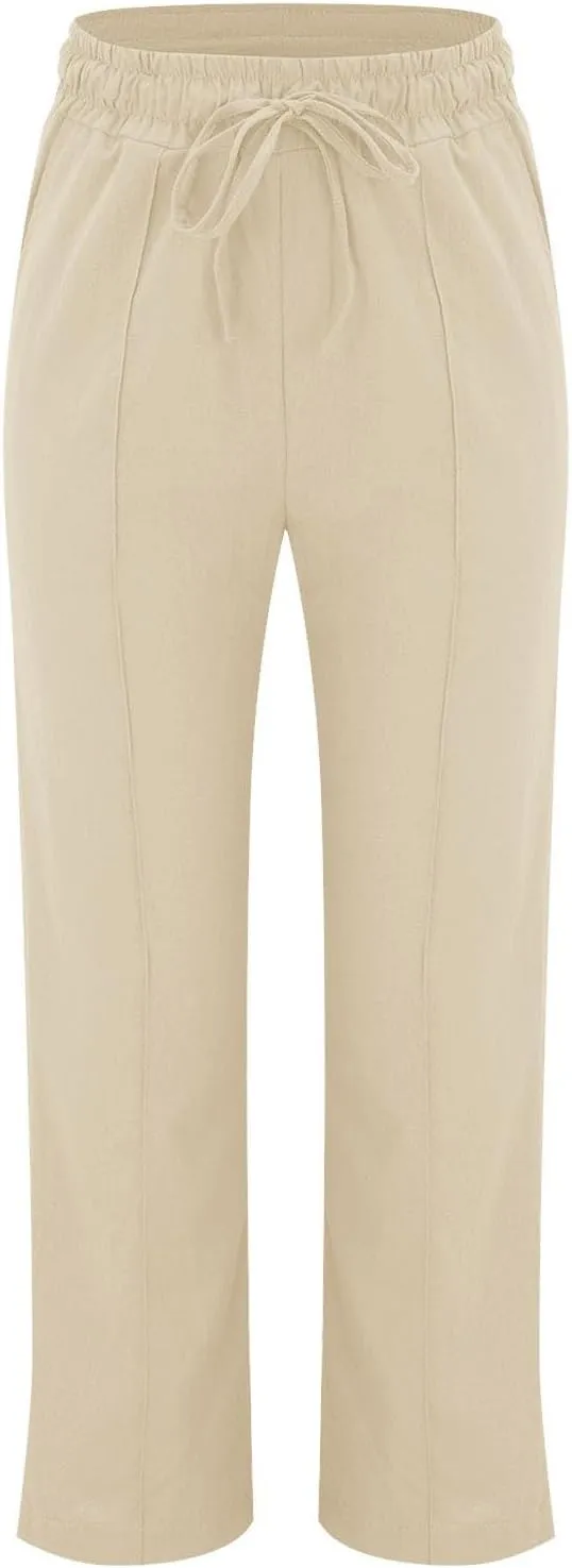 Cotton Linen Pants for Women Drawstring High Waisted Pants Straight Leg Summer Pants Fashion Lounge Pants