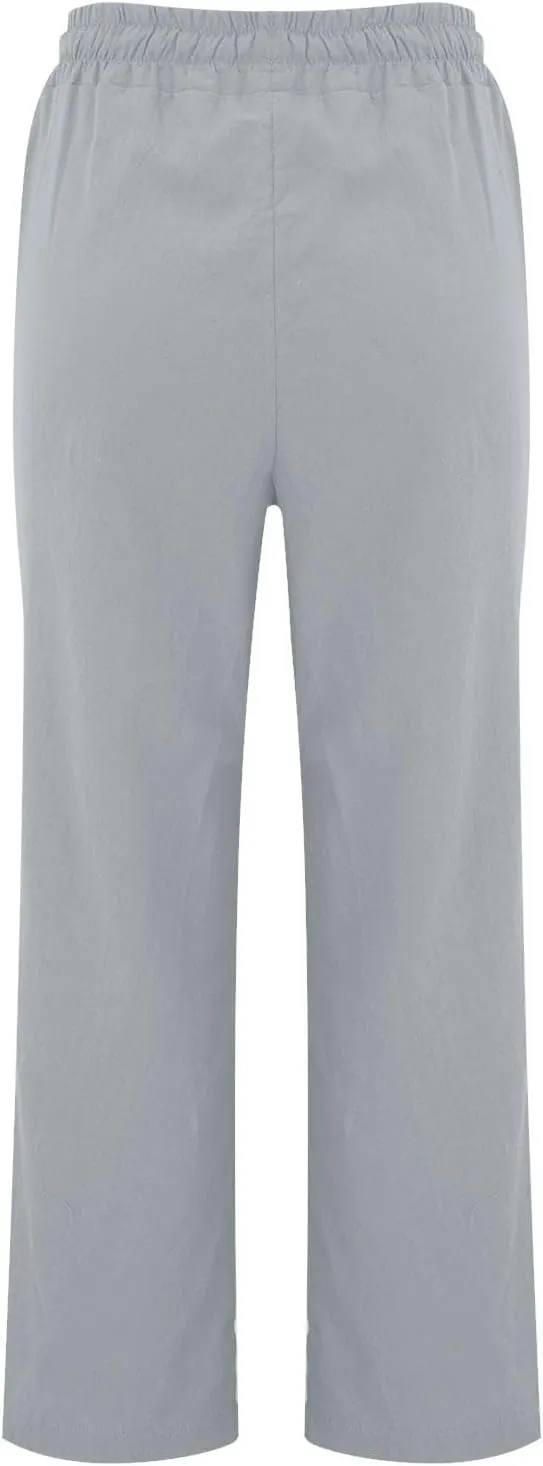 Cotton Linen Pants for Women Drawstring High Waisted Pants Straight Leg Summer Pants Fashion Lounge Pants