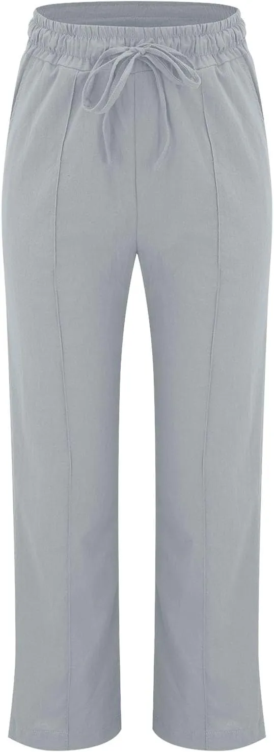 Cotton Linen Pants for Women Drawstring High Waisted Pants Straight Leg Summer Pants Fashion Lounge Pants