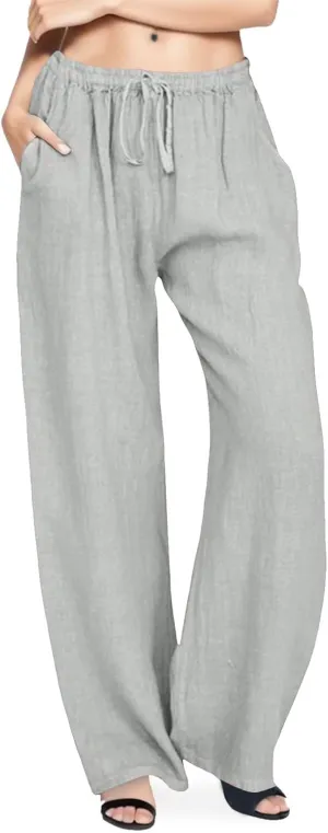 Cotton Linen Pants Women Straight Leg Summer Casual Loose Drawstring High Waist Palazzo Lounge Trouser with Pockets