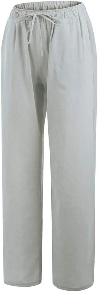 Cotton Linen Pants Women Straight Leg Summer Casual Loose Drawstring High Waist Palazzo Lounge Trouser with Pockets