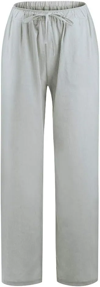 Cotton Linen Pants Women Straight Leg Summer Casual Loose Drawstring High Waist Palazzo Lounge Trouser with Pockets