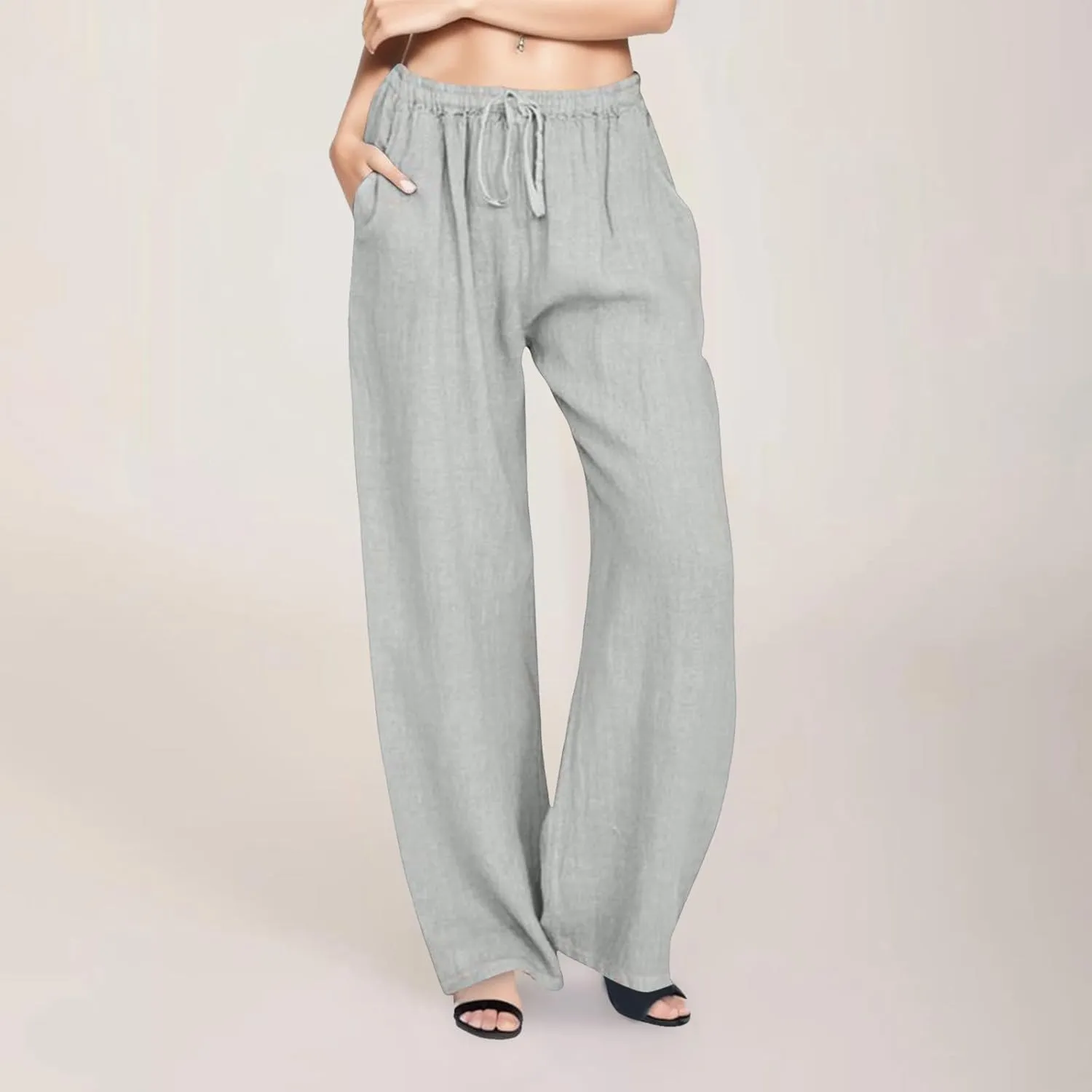 Cotton Linen Pants Women Straight Leg Summer Casual Loose Drawstring High Waist Palazzo Lounge Trouser with Pockets