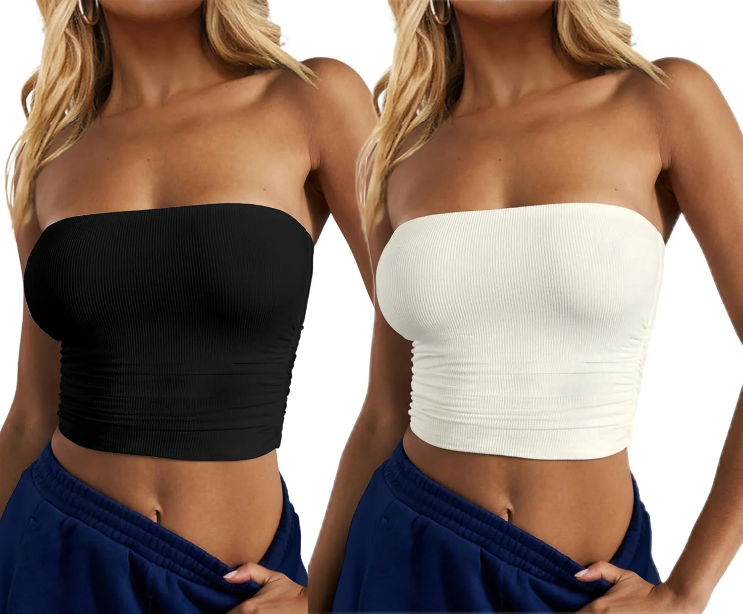 CSDAJIO Women's Casual Ruched Side Strapless Crop Tube Top Ribbed Knit Bandeau Top Summer Skinny Shirt