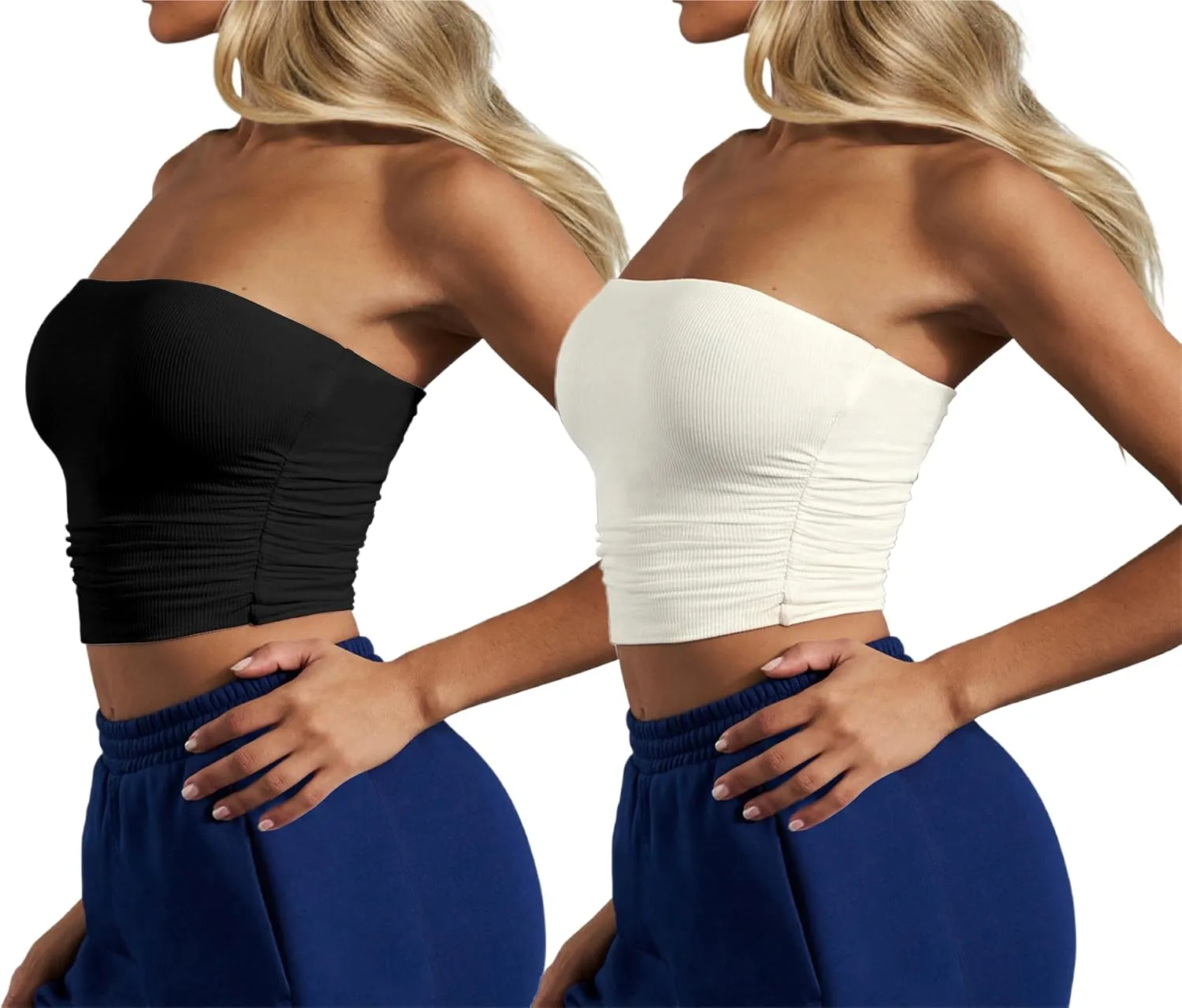 CSDAJIO Women's Casual Ruched Side Strapless Crop Tube Top Ribbed Knit Bandeau Top Summer Skinny Shirt