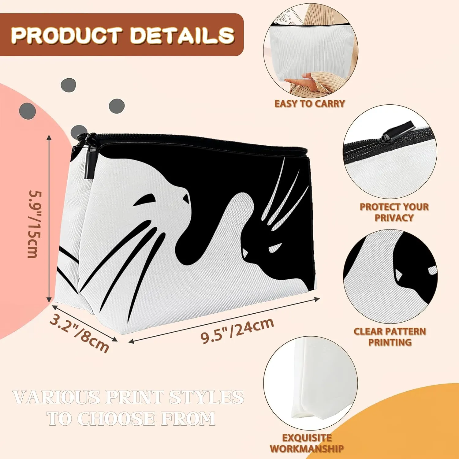 Cute Black and White Cats,Cat Makeup Bag Cosmetic Bag for Women Girls,Portable Makeup Bags Travel Toiletry Bag Organizer
