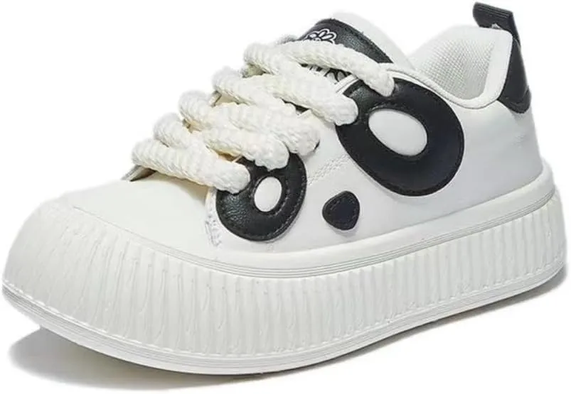 Cute Panda Shoes Black and White Chunky Platform Round Toe Lace-up Comfy Non Slip Lightweight Softy Casual Sneakers Kawaii Y2K Pretty Pastel Retro Fashion Gifts for Women Girls Back to School