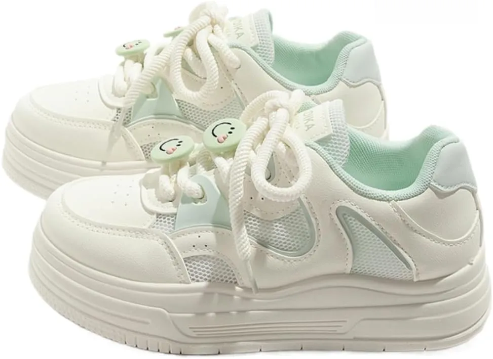 Cute Shoes with Smiling Charms Chunky Platform Lace-up Comfy Slip-Resistant Lightweight Softy Casual Sneakers Kawaii Y2K Pretty Pastel Retro Gifts for Women & Girls Back to School