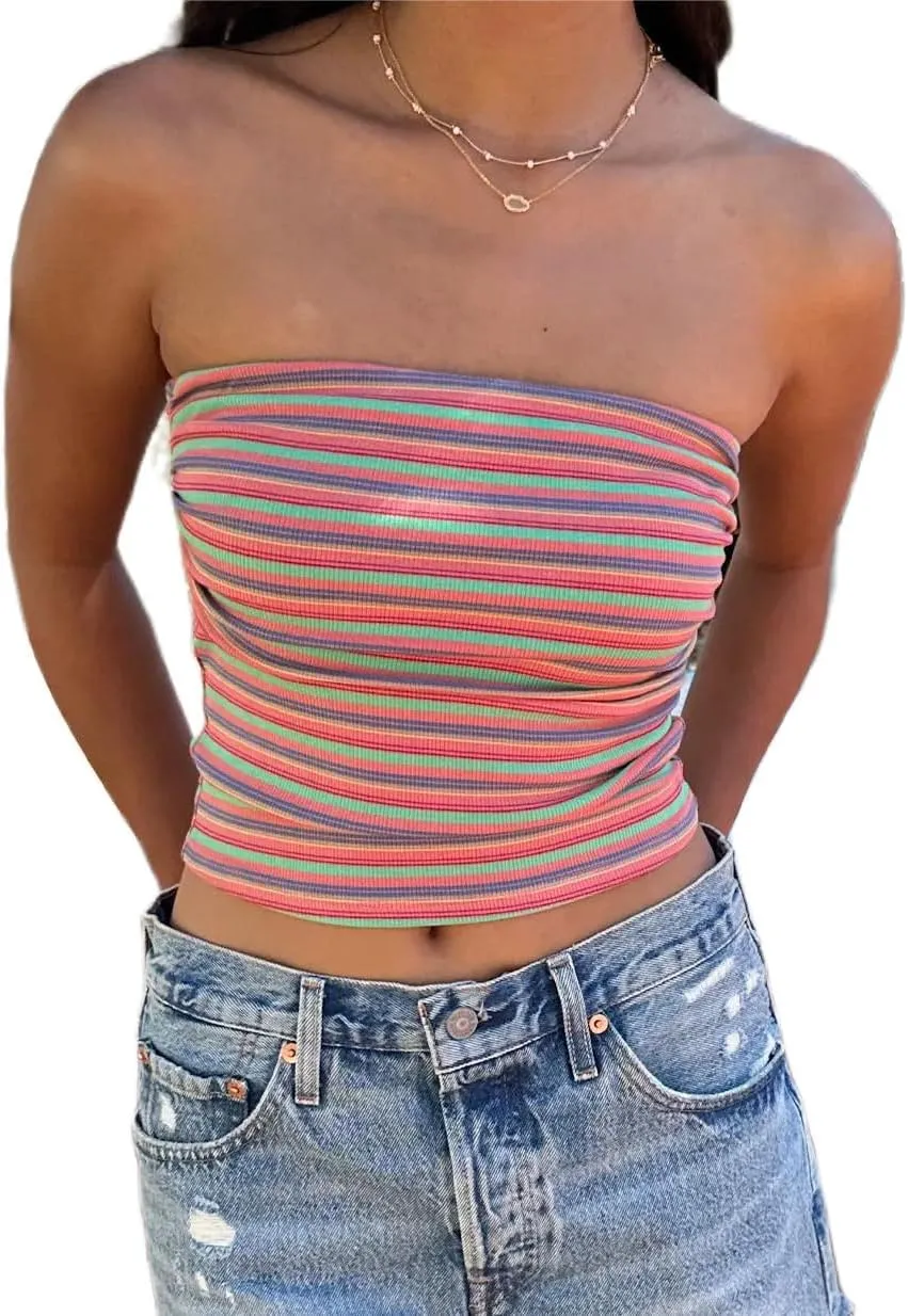 Cute Summer Striped Tube Tops Strapless Crop Bandeau Tops for Women Teen Girls Y2k Going Out Aesthetic Tops Shirts