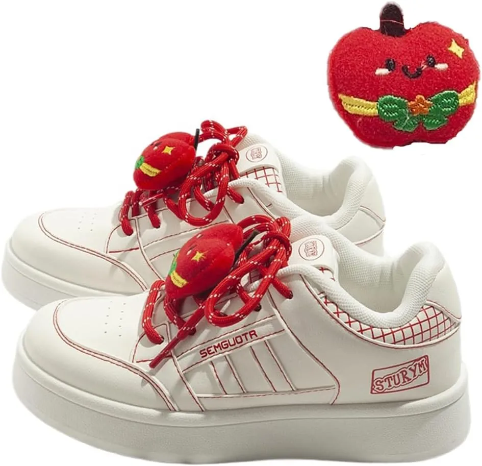 Cute White Shoes with Sweet Apples Charms Chunky Platform Comfy Sneakers Trendy Footwear Kawaii Y2K Pretty Pastel High Aesthetic School Style Gifts for Women Girls